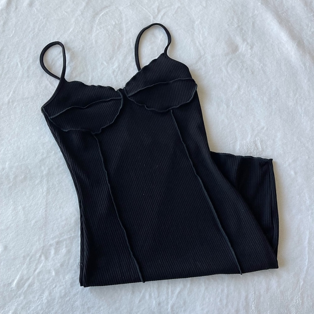 Black Under Bust Style Black Spaghetti Strap Ribbed Mini Dress